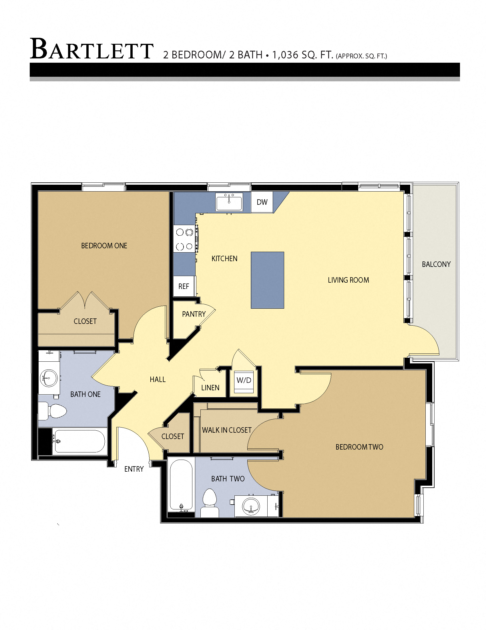 Floor plan for 2 beds, 2 baths, 1036 sqft